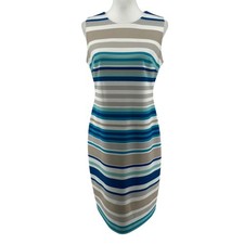 Calvin Klein Sheath Scuba Dress Womens 8 Blue Tan Stripe Coastal Nautical Brunch