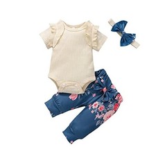 Newborn Baby Girls Outfits set long Sleeve Cotton Pants Preemie Beige-blue