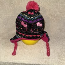 Hello Kitty Winter Knit Hat Black Pink Ear Flap Pom Pom Embroidered Girls