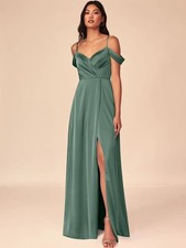 Azazie A-Line V-Neck Pleated Stretch Satin Floor-Length Dress Eucalyptus Sz 12