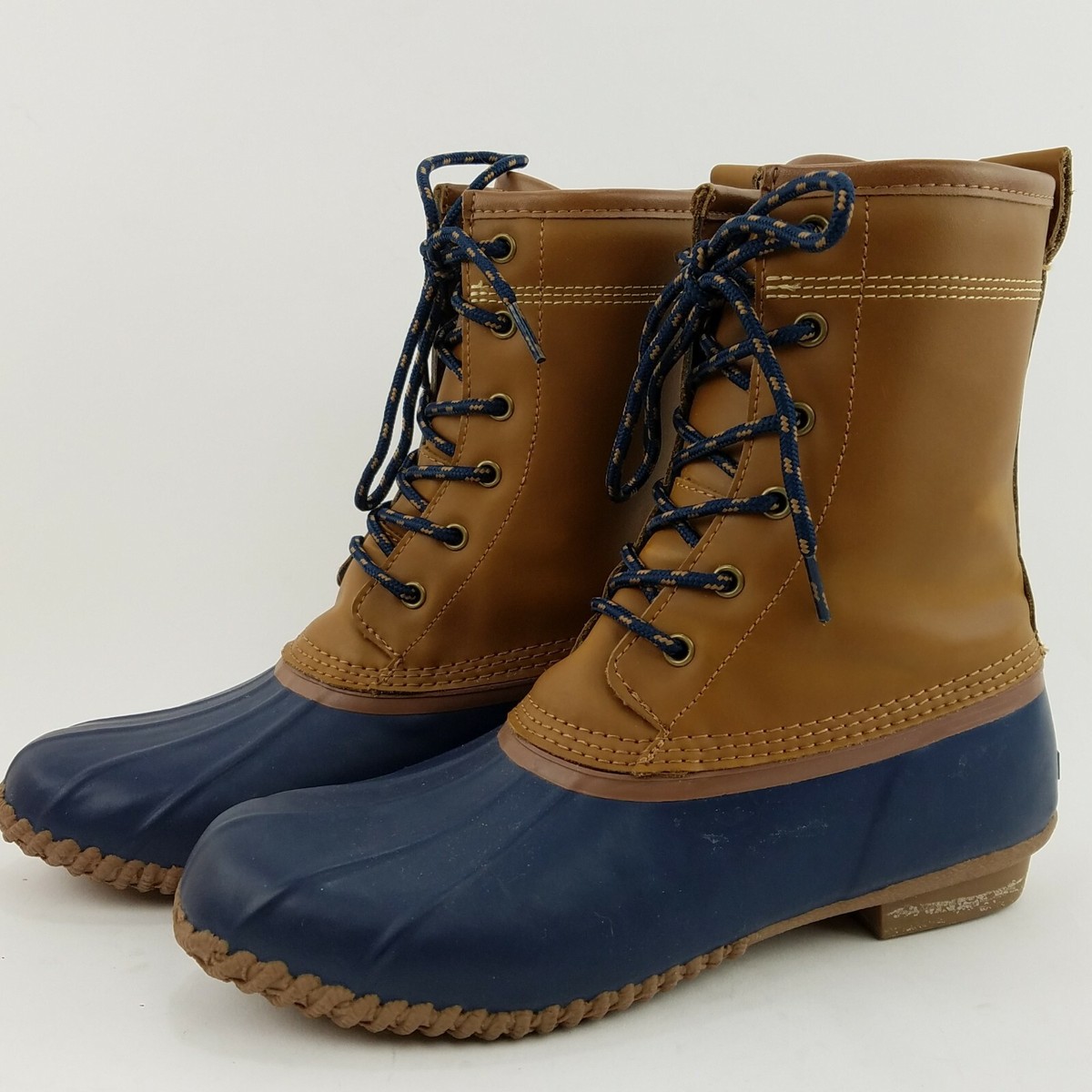 Lands End Womens Brown Leather Blue Rubber Lace Up Rain Duck  display picture 2