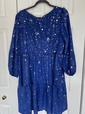 Shein Curve 3XL Dress Blue Gold Stars Tiered 3/4 Sleeve Fit & Flare