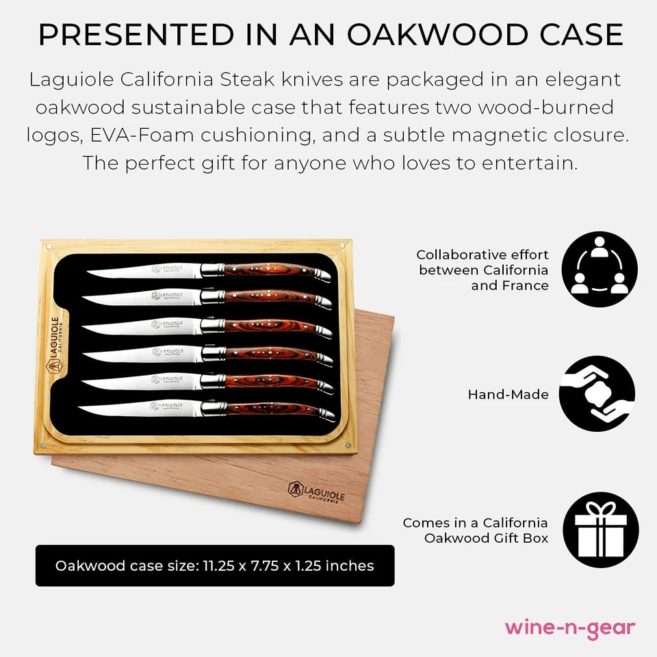 Cuchillos para carne Laguiole California - Juego de 6 piezas de palo de rosa - En caja de regalo de madera de roble Foto 4 de 4