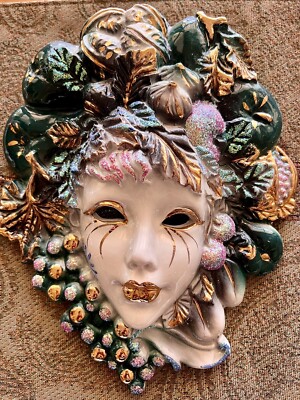 Vtg HAND PAINTED WALL HANGING CERAMIC MASK MADE IN VENICE ITALY Mint!