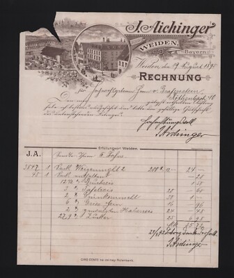 WEIDEN, Rechnung 1895, J. Aichinger Weizenmehl Bruchreis Tafelreis Gries