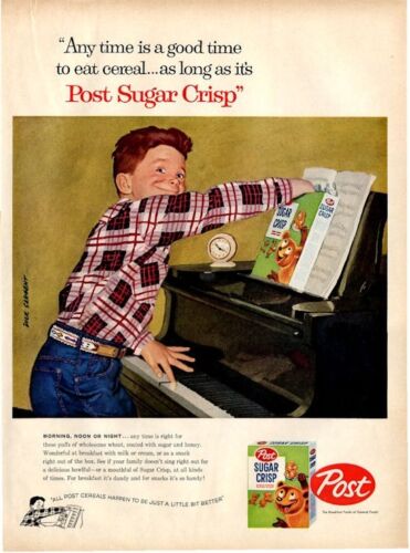 1957 POST Sugar Crujiente Cereal Niño Practicando Piano Dick Sargent ANUNCIO IMPRESO ARTÍSTICO - Imagen 1 de 1