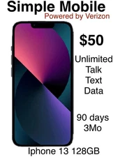 Apple iphone 13 -128 GB Simple Mobile  with 3 months FREE $50 prepaid plan!