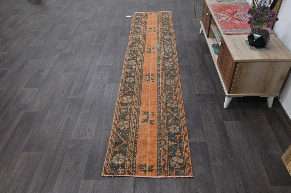 Vintage Turkish Runner Rug 2x9ft ORANGE Handmade Anatolian Oushak Hallway Wool - Image 2 of 4