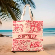 New Christian Dior Exclusive ‘Dioriviera’ Pink & Beige Large Straw Tote Bag 