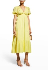 $550 Alice + Olivia Angela Dress Women’s 6 Yellow Midi Tiered Deep V Neck Resort