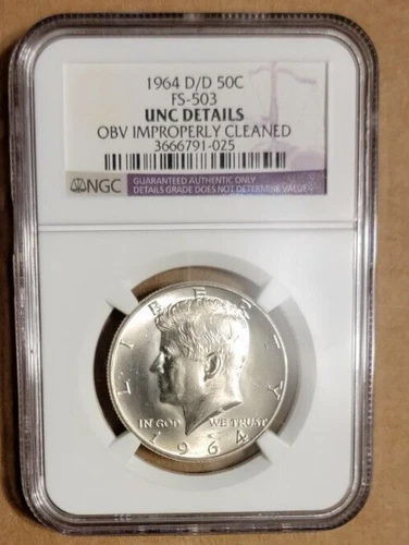 1964 Kennedy half dollar NGC FS 503 D/D 50c BR improperly cleaned unc details dd