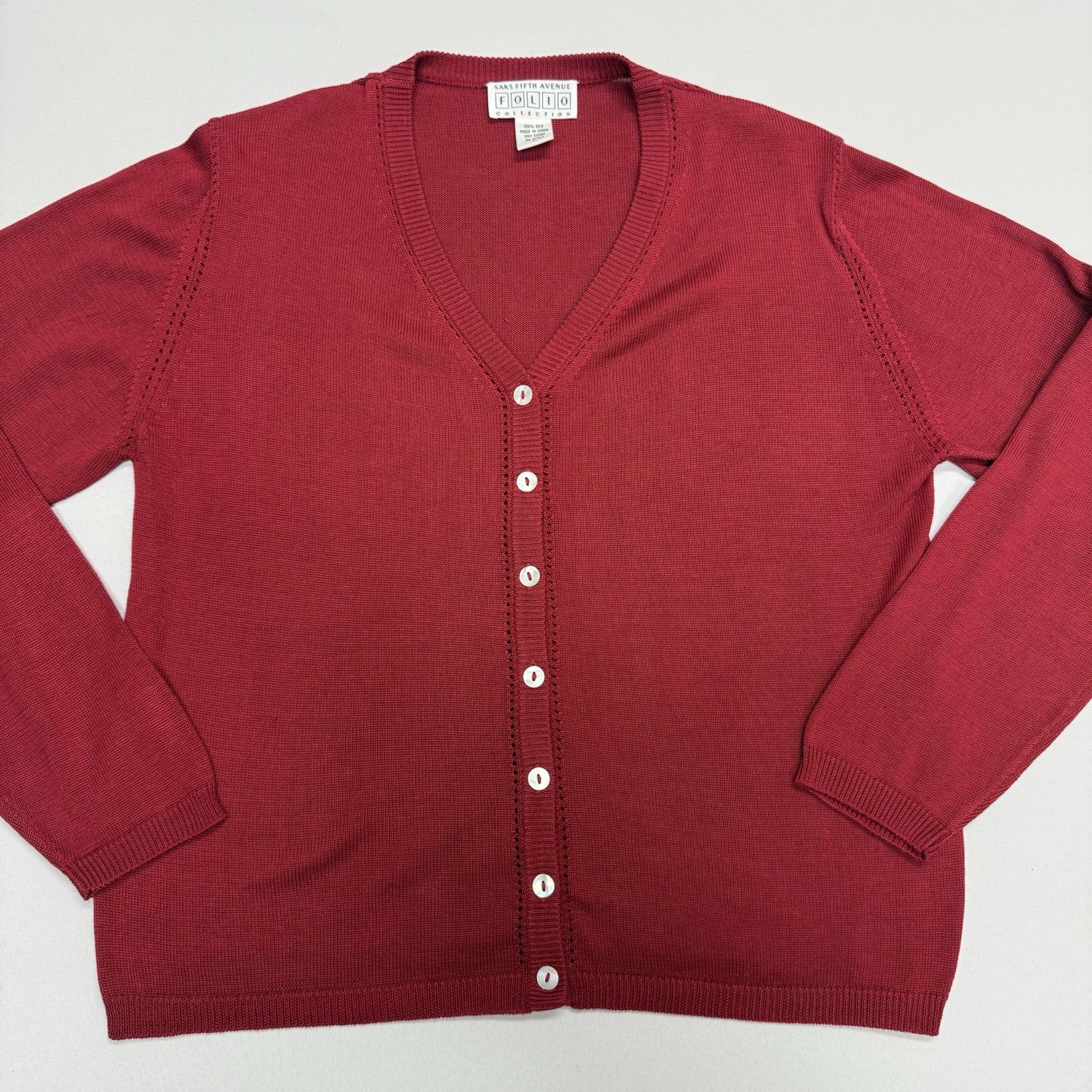 Cardigan Sweater Womens Medium 100% Silk Saks Fifth Ave Mother Pearl Button EUC-image