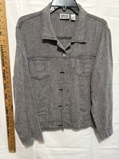Chico  s Linen Blend Jacket, Black White Size 3 Button Front Long Sleeve