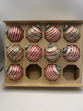 Lot Of 10 Vintage Striped Shiny Bright Christmas Ornaments With Box Made In USA