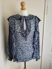 And / Or John Lewis Blouse Ladies Size 12 Blue White Ruffles Overshirt