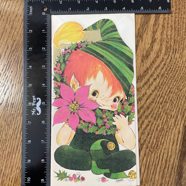 Vintage Christmas Card Unused Artist Signed Davey Pixie ELF 9" Die Envelope Vintage Christmas Card Unused Artist Signed Davey Pixie ELF 9" Die Envelope