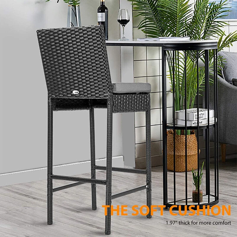 4pcs Outdoor Wicker Barstool Patio Rattan Furniture Bar Stools w/ Cushions Black - Image 3 of 4