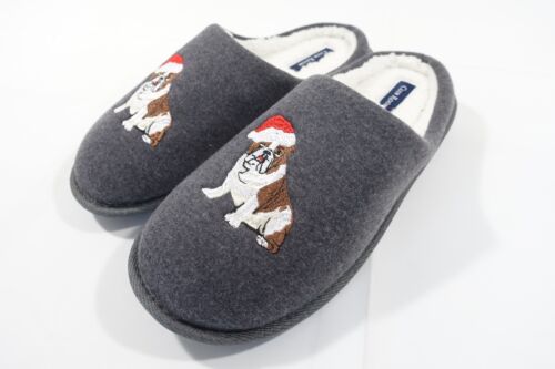 CLUB ROOM GRAY MEDIUM 8-9 HOLIDAYS SANTA CHRISTMAS BULL DOG SLIP ON SLIPPERS