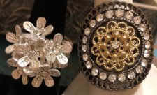 Adjustable/Stretch Statement Ring. Flower With Pink Gems. Silver/Black