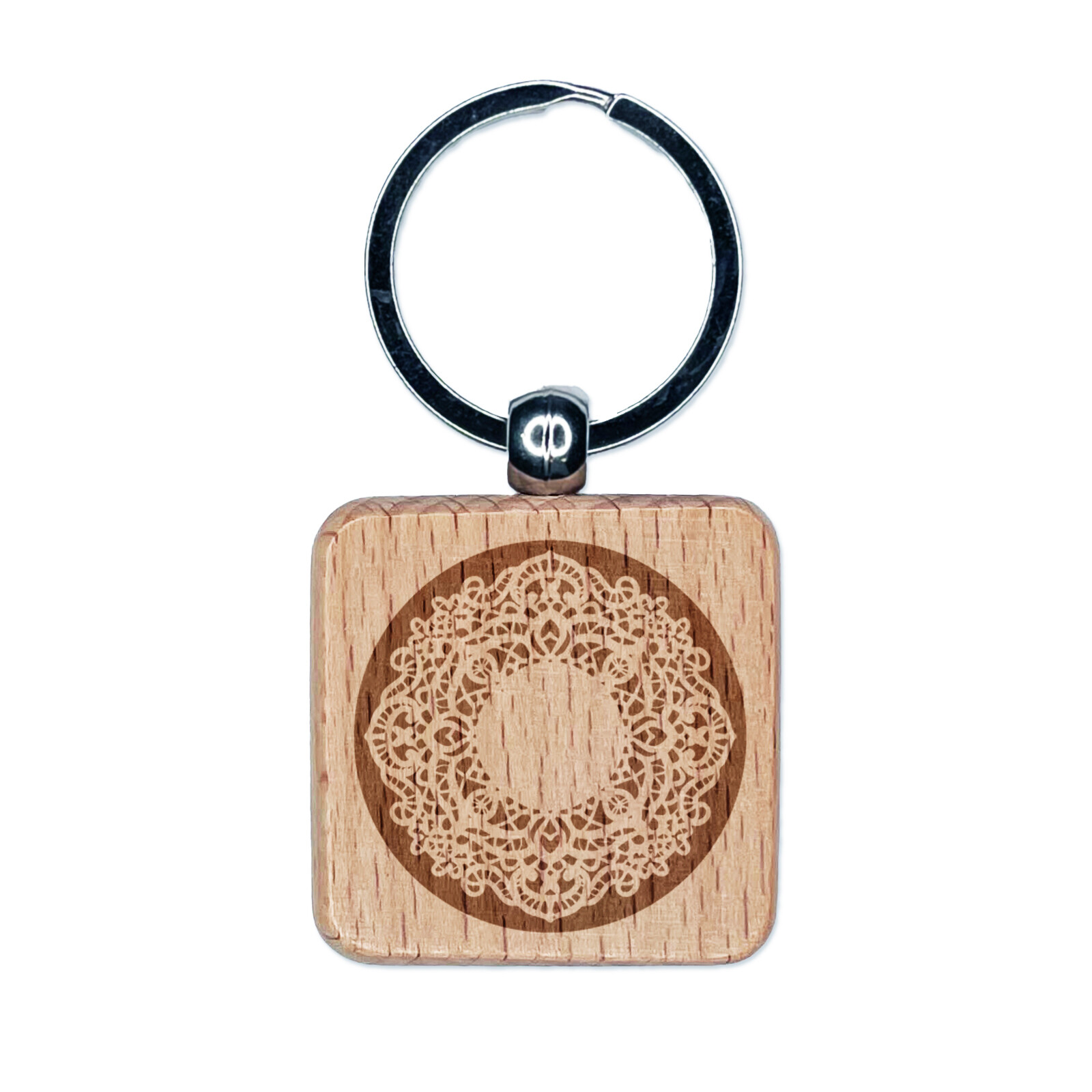 Round Lace Pattern Engraved Wood Square Keychain Tag Charm