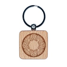 Round Lace Pattern Engraved Wood Square Keychain Tag Charm
