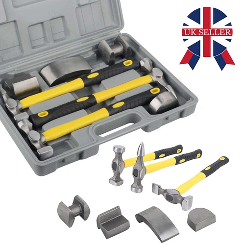 7PC CAR DENT AUTO BODY PANEL REPAIR TOOL KIT HANDLES BEATING DOLLIE HAMMERS SET - Picture 1 of 14