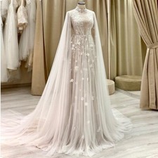 Champagne Wedding Dresses Long Sleeves With Cape Lace Appliques Bridal Gowns