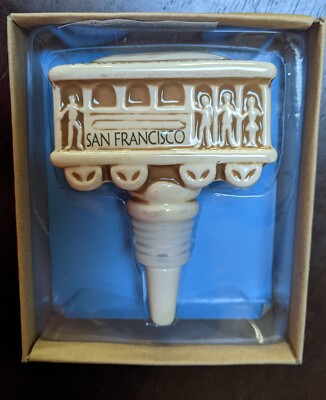 San Francisco Wine Bottle Stopper Souvenir Ceramic Ivory Trolley Cable Car Boxed