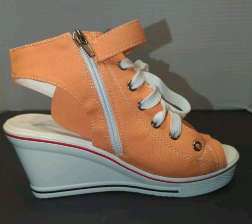 WOMEN CANVAS WEDGE HEELED PLATFORM SNEAKER 36 - 5.5 Orange Color. OCHENTA BRAND - Picture 6 of 12