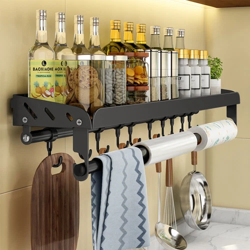 Gewürzregal Küchenregal Wand Hängend Mit Küchenrollenhalter und 8/10 Haken Küche - Bild 1 von 15