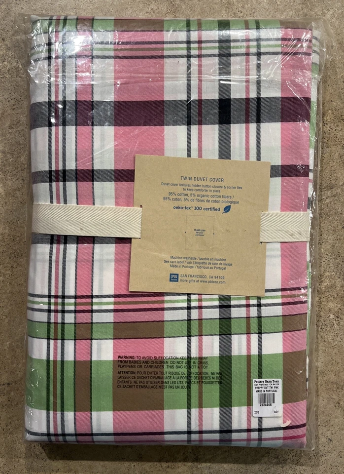 Funda nórdica Pottery Barn Teen Preppy a cuadros doble rosa/verde nueva en paquete Foto 3 de 4