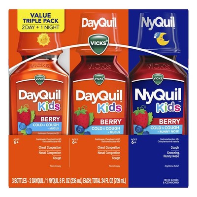 Vicks DayQuil and NyQuil Kids Cough & Cold Liquid, Berry, 3 x 8oz - EXP 05/2027
