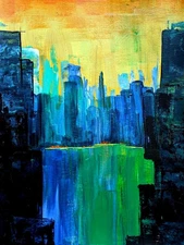 Original Art Cityscape Acrylic Painting 9x12 on Art Paper. 'Emerald Harbor'