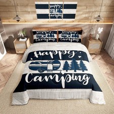 Camper RV Outdoor Adventure King Size Comforter/Duvet Set,Happy Camping Ultra...