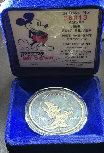 1987 Mickey's Magic Good Luck 1 Oz .999 Silver Round Disney Rarities Mint