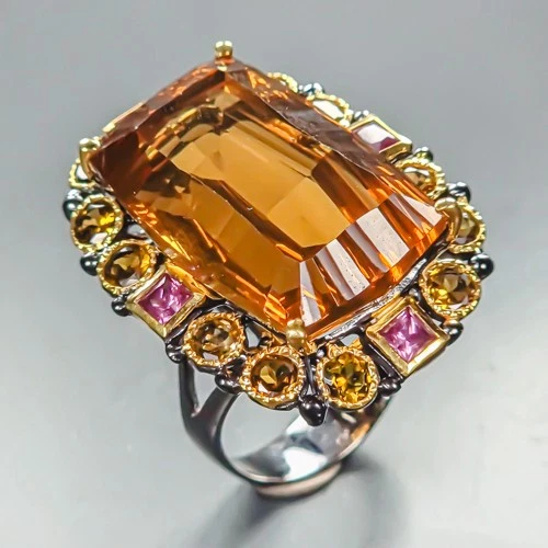 Handmade 38 ct+ Natural Cognac Quartz Ring 925 Sterling Silver Size 8 /R461547