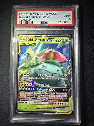 PSA 9 Celebi & Venusaur GX 1/181 Team Up Tag Team Pokemon Card Mint