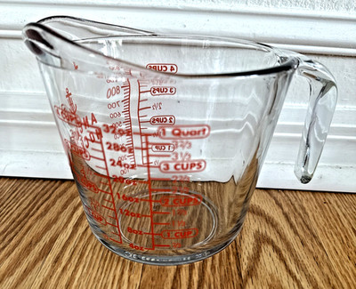 Vtg  Anchor Hocking 4 Cups-32 Oz-1 Qt-1 Liter Glass Measuring Cup Red Lettering