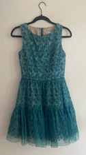 Red Valentino Dress Teal Silk Embroidered Tulle Tiered Size 4 (40)