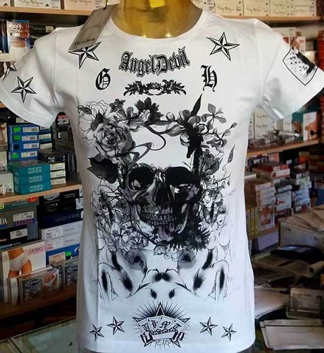 T-shirt maglia uomo Angel Devil manica corta con stampa grande e logo art  TU371 | eBay