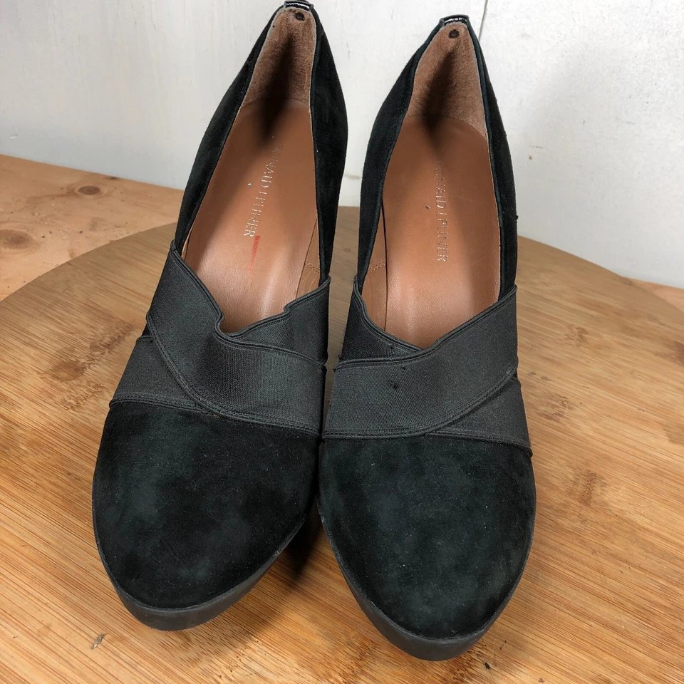 Sapatos Donald Pliner Feminino 9,5 M Salto Carla Preto Camurça Cunha Alta Carreira - Imagem 4 de 4