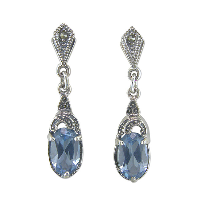 Blue Topaz and Marcasite Drop Earrings Solid Sterling Silver 925