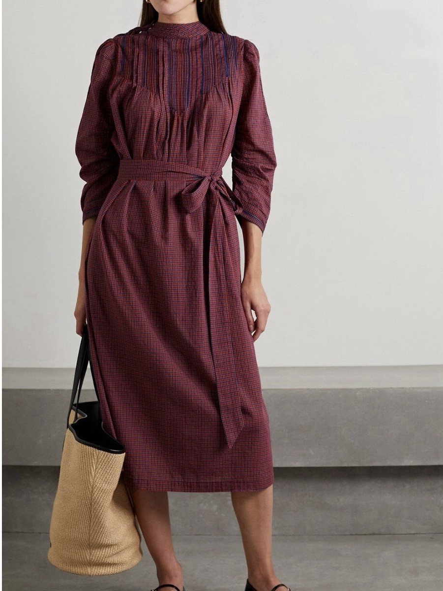 knee length dresses for ladies Zelda Smocked Long Sleeve Cotton Voile Midi Dress Red / S by Sugarlips