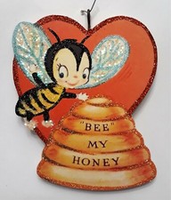 BUMBLE BEE w HIVE & HEART, BEE my HONEY * Glitter VALENTINE ORNAMENT * Vtg Img