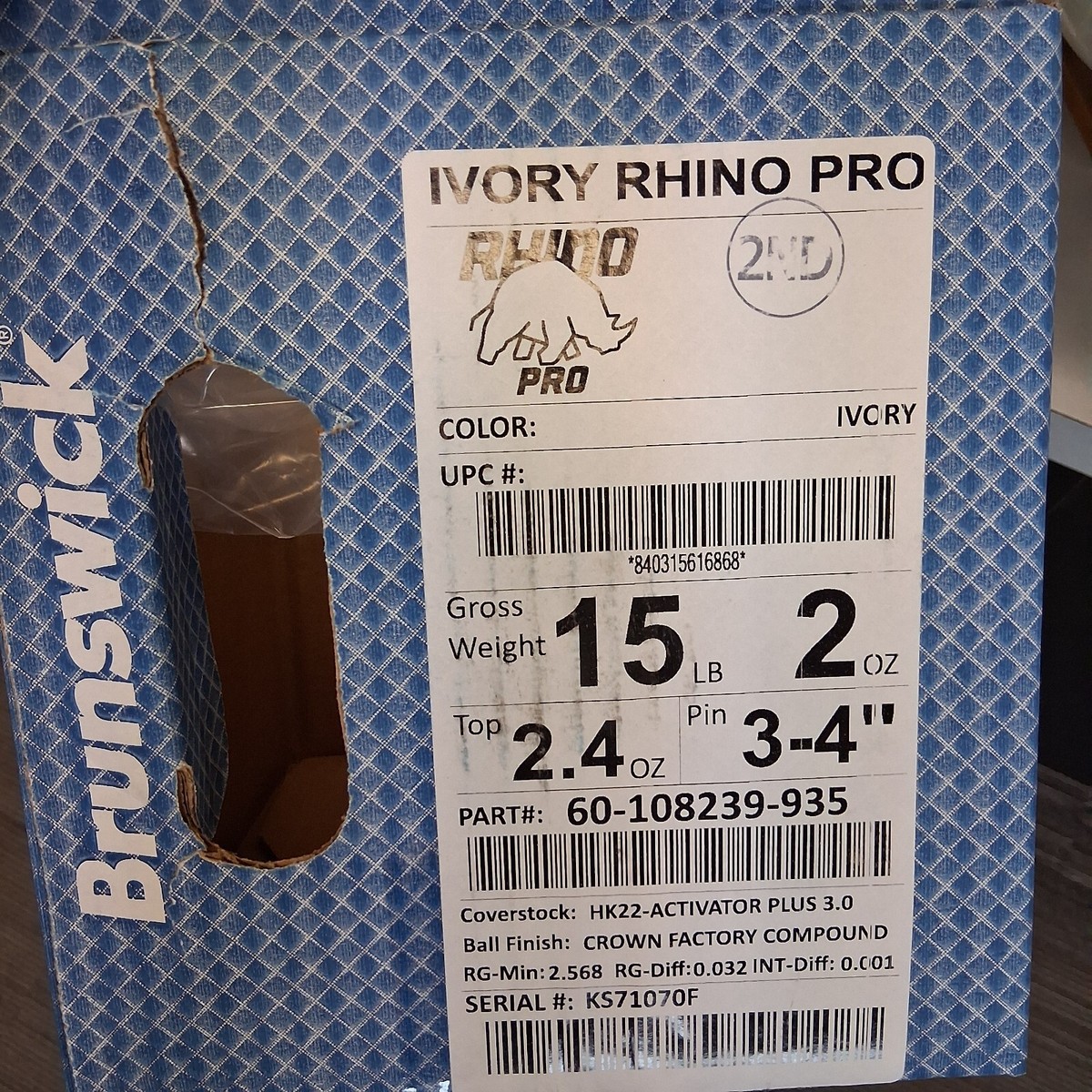 Brunswick Ivory Rhino Pro BOWLING ball 15 lb new in box #070