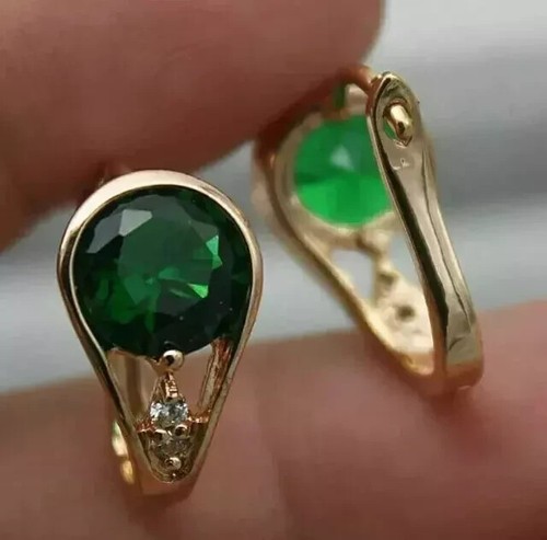 3Ct Natural Green Emerald Round Cut Women's Hoop Earrings 14K Yellow Gold Plated - Picture 4 of 6