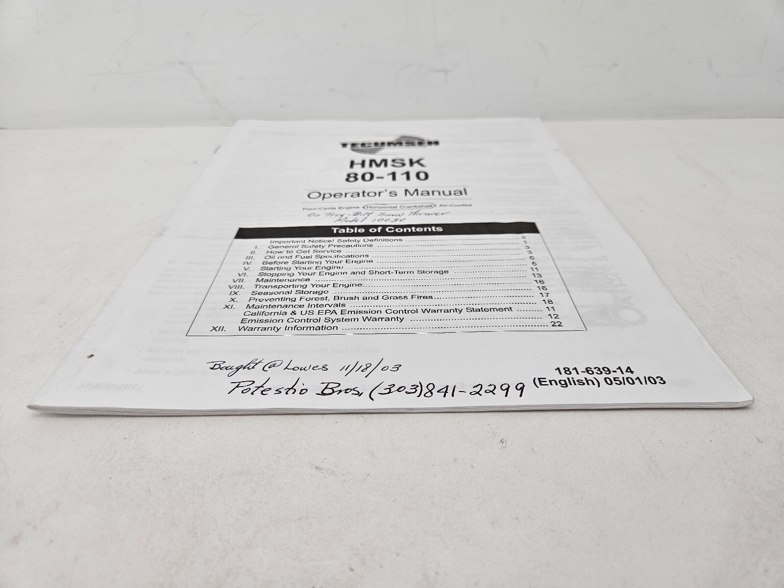 USED TECUMSEH HMSK 80110 ENGINE OPERATOR'S MANUAL PART 18163914 eBay