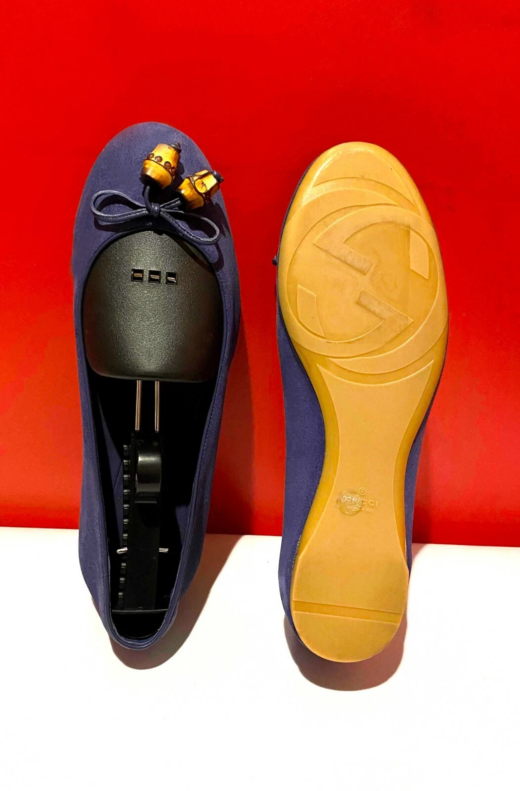 749, !! CHAUSSURES PLATES GUCCI ICONIC FEMMES CUIR DAIM BLEU BOUT BAMBOU 37