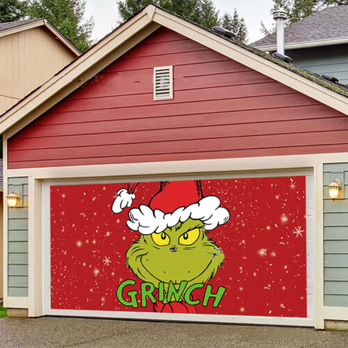 Christmas Grinch Garage Door Decoration Backdrop Christmas Party Banner Cover - Photo 1/2
