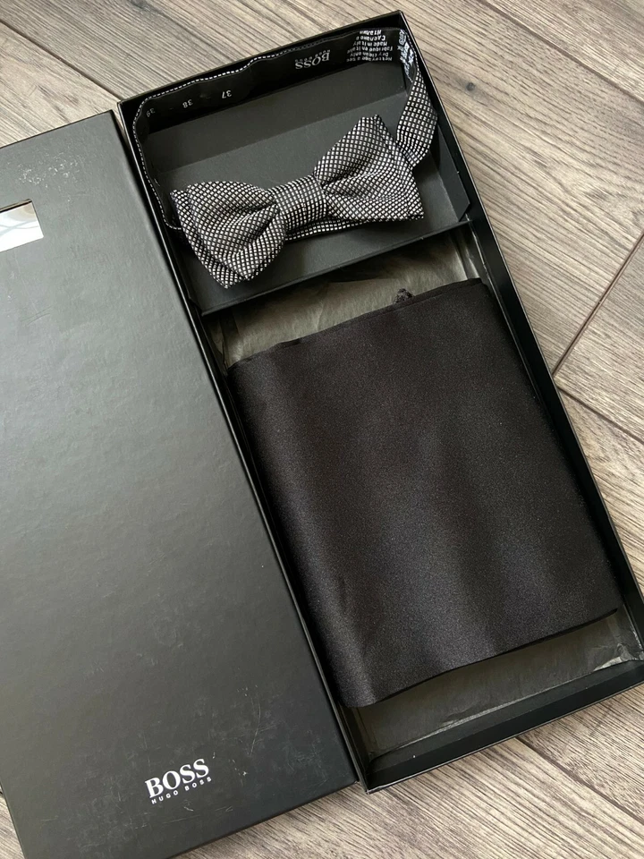 HUGO BOSS Negro Seda Bufanda y Lazo Set Corbata Hecho en Italia Venta Nuevo Caja - Imagen 2 de 4